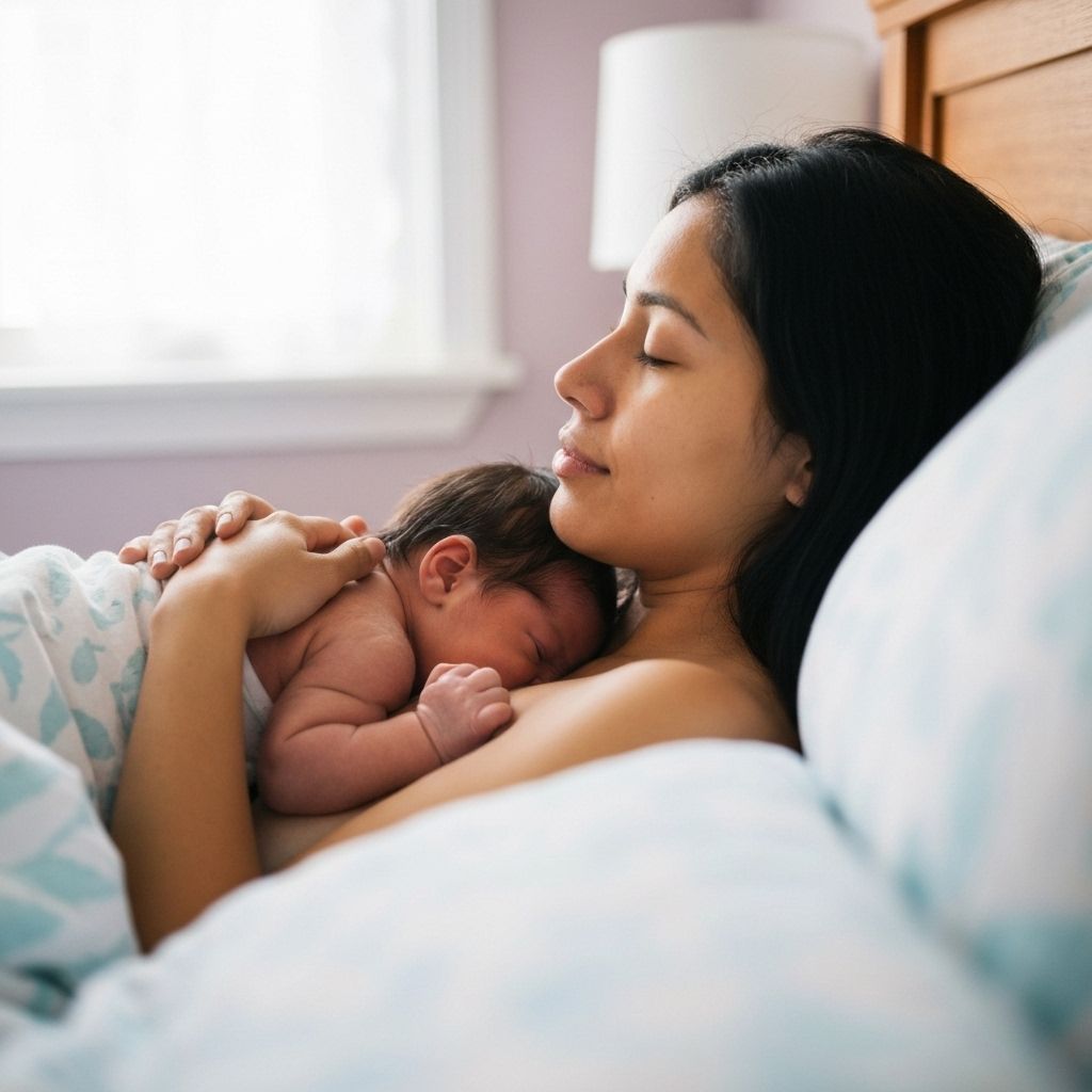 Mother peacefully resting with newborn